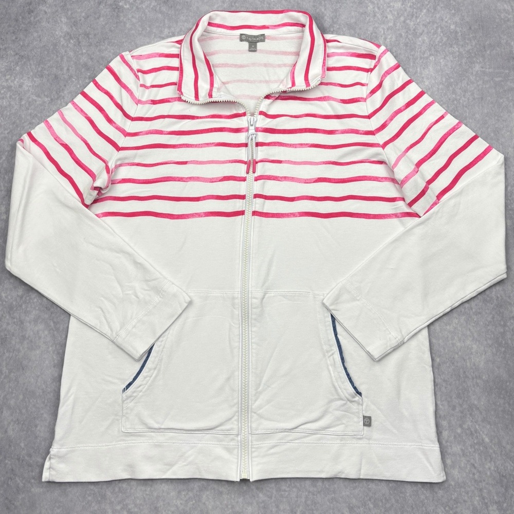 T by Talbots Jacket Womens Medium White Pink Stripe Full Zip French Terry Modal
